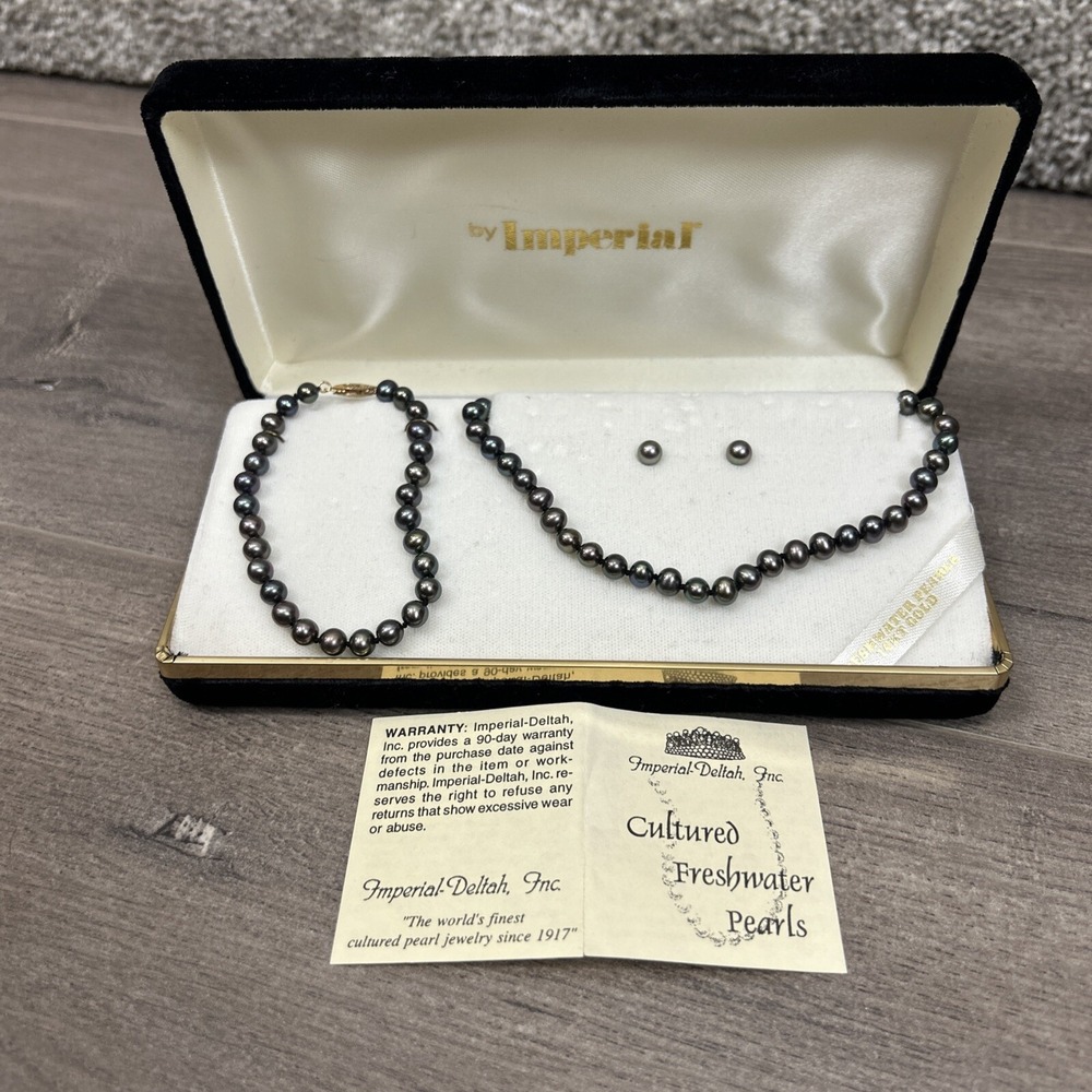 Imperial Deltah Black Cultured Freshwater Pearl 14KT Gold Necklace Bracelet NEW